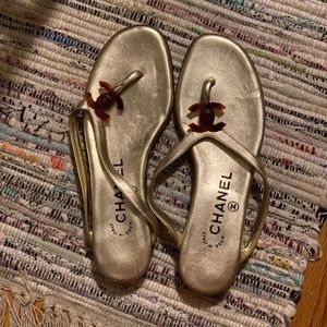 Authentic Chanel gold logo flat sandals
